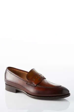Dressy Outfits With Flat Shoes David August Leather Cross Stitched Penny Loafers in Whiskey Brown
