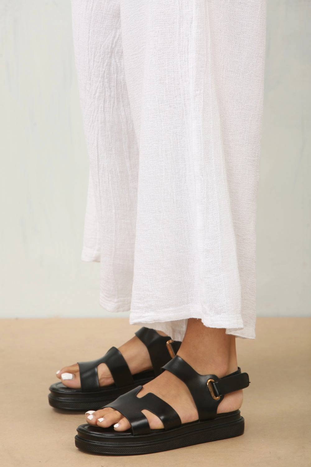 Wedding Sandals Flat Designer Chunky Black Faux Leather Sandal (PACK B)