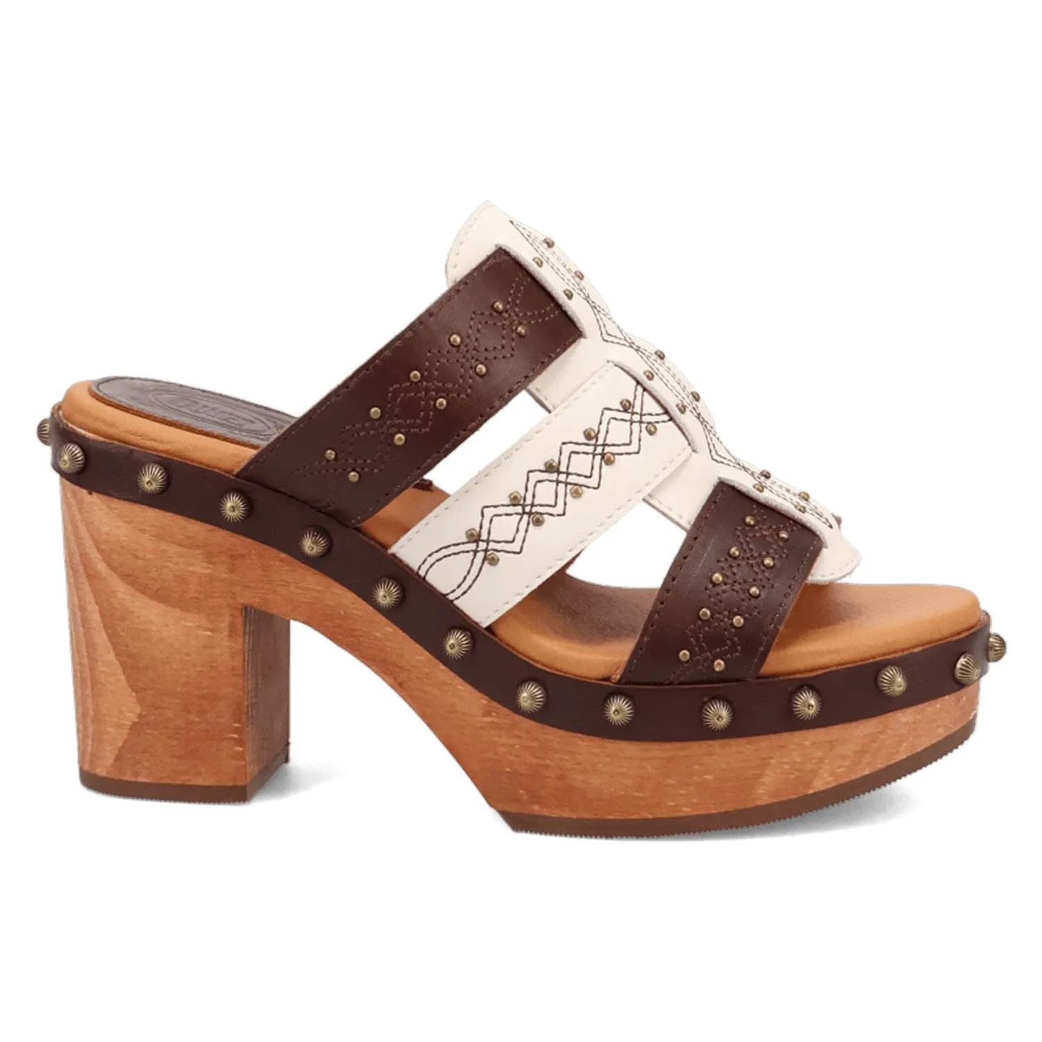 Dingo Womens Chateau Wooden Brown Leather Stud Sandals Shoes Platform Denim Sandals