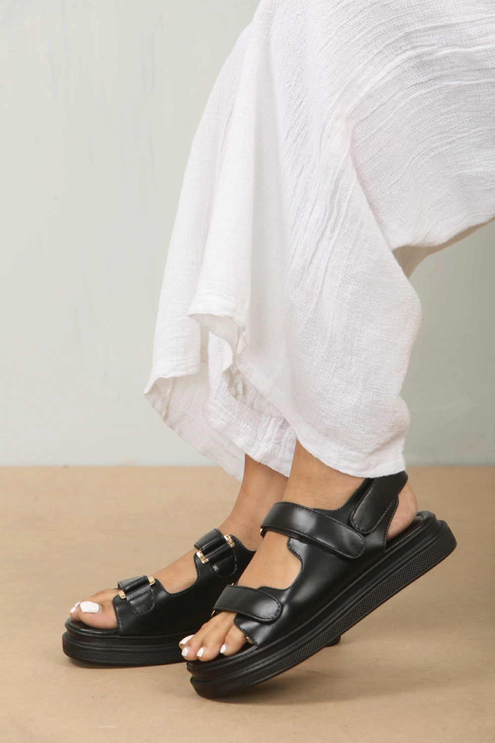 Sandals Nail Spa Double Strap Designer Chunky Black Faux Leather Sandal (PACK B)