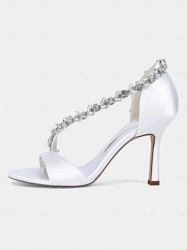 Champagne Crystal Satin High T-Strap Women's Heels with 