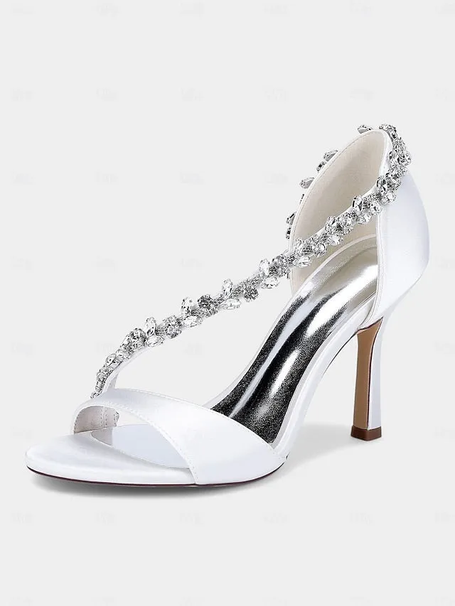 Champagne Crystal Satin High T-Strap Women's Heels with 