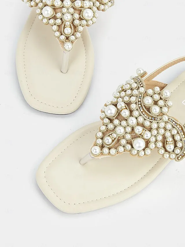 Formal Shoes Flat T-Strap Elegant Pearl-Embellished Women's  Sandals