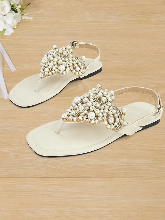 Flat T-Strap Elegant Pearl-Embellished Women's  Sandals Best Running Shoe Flat Feet