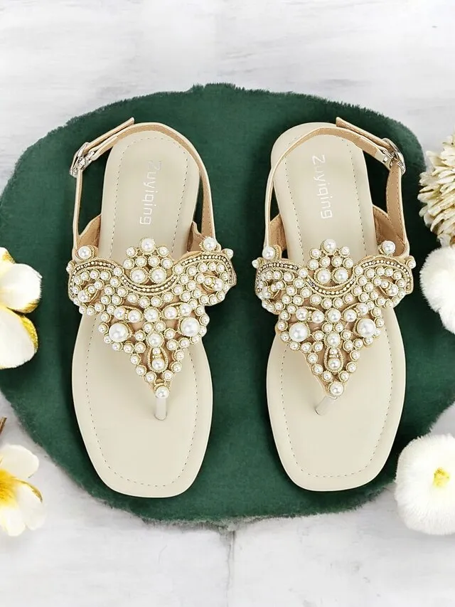 Flat T-Strap Elegant Pearl-Embellished Women's  Sandals