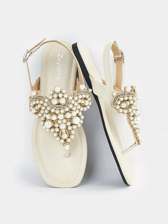 Flat T-Strap Elegant Pearl-Embellished Women's  Sandals