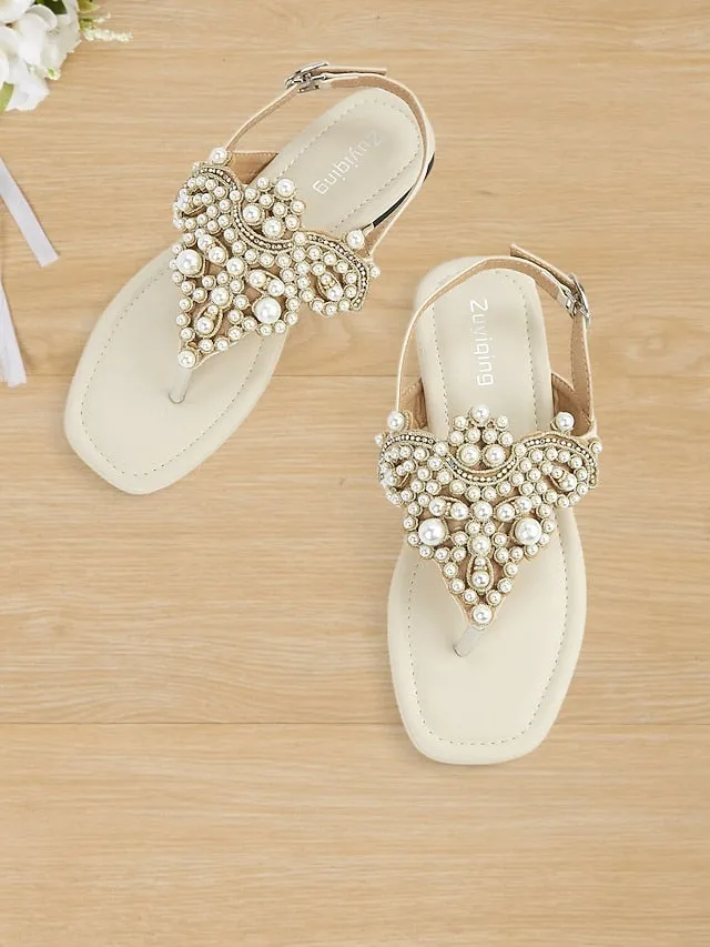 Flat T-Strap Elegant Pearl-Embellished Women's  Sandals Flat