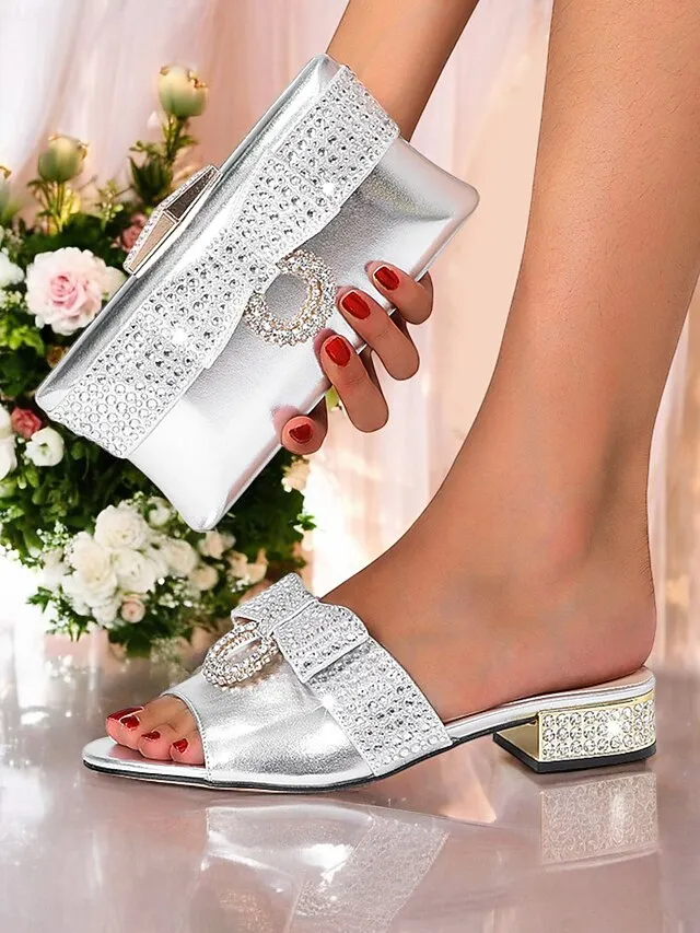 Rhinestone with Flat Gold Bow  Sandals Matching Clutch