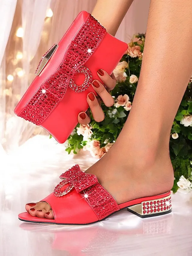 Flat Shoes With Support Rhinestone with Flat Gold Bow  Sandals Matching Clutch