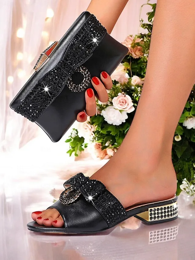 Rhinestone with Flat Gold Bow  Sandals Matching Clutch