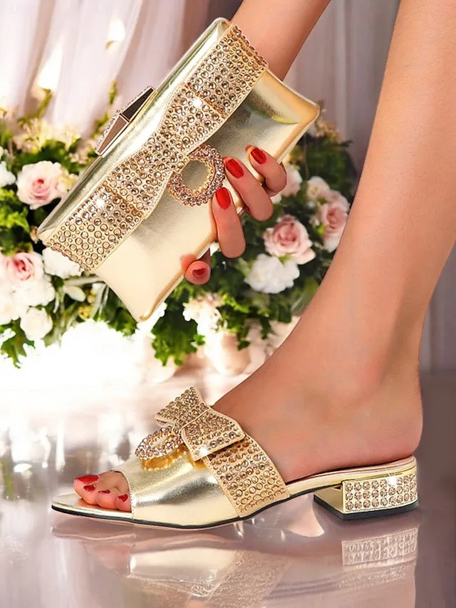 Flat Shoe Paint Rhinestone with Flat Gold Bow  Sandals Matching Clutch