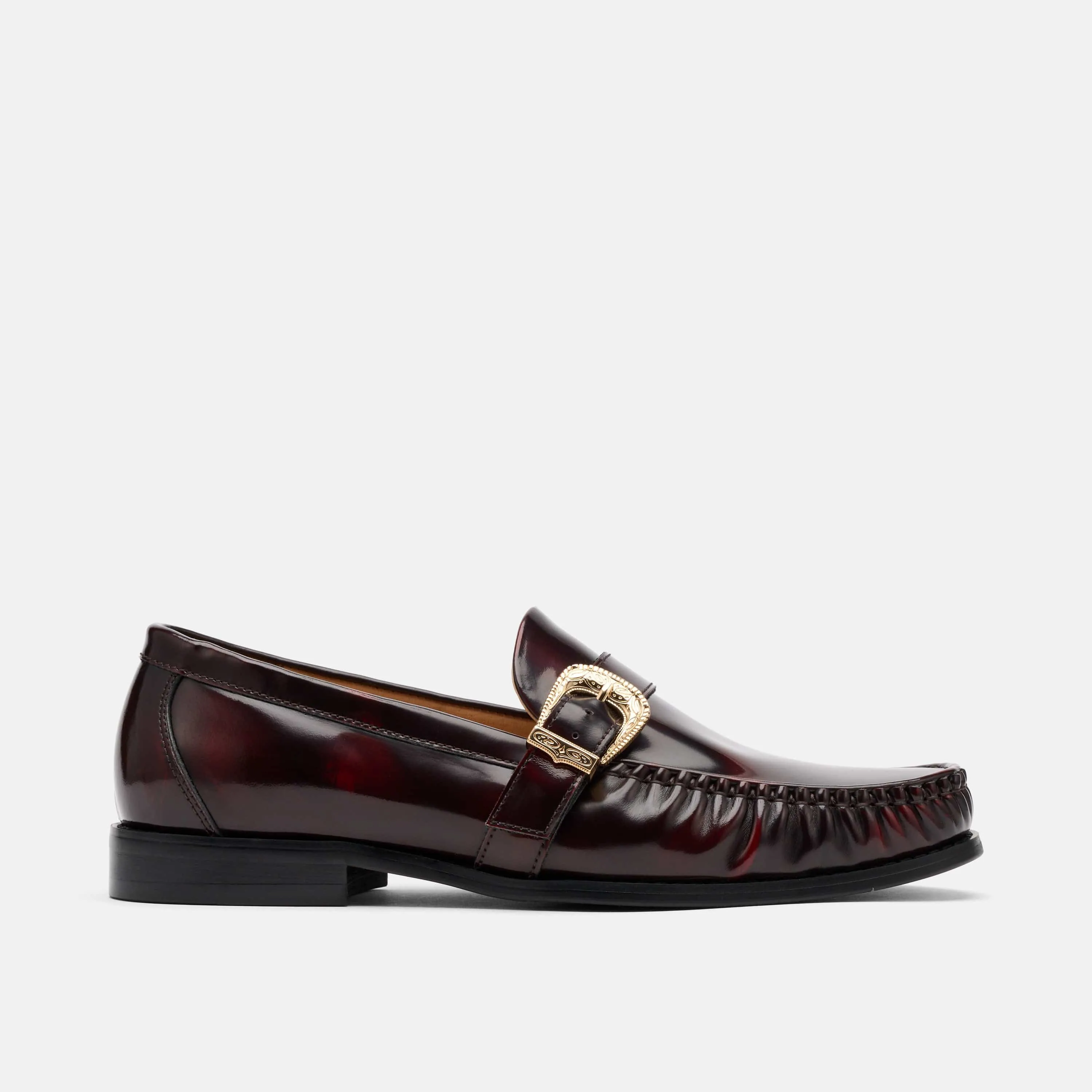 Ferragamo Suede Loafers Cato Burgundy Patent Leather Buckle Loafers