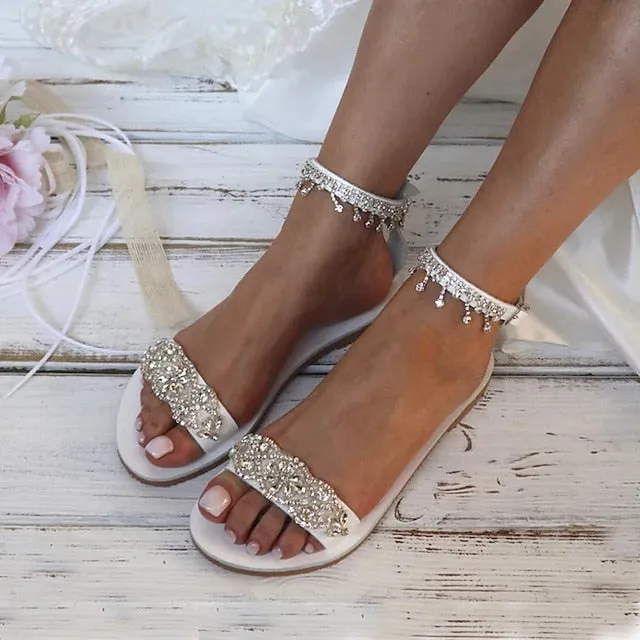 Stiletto Flat Shoes Elegant Women's  Flat Bridal White Rhinestone Sandals