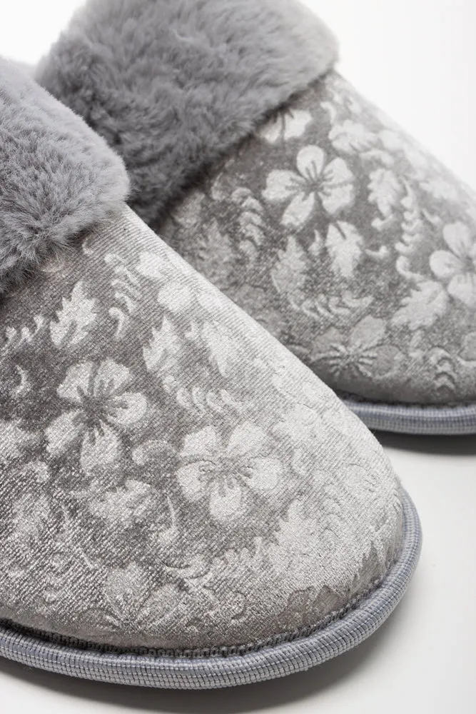 Embossed Velvet Slipper Grey Velvet Slides