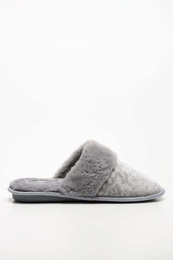 Bulk Slippers For Guests Embossed Velvet Slipper Grey