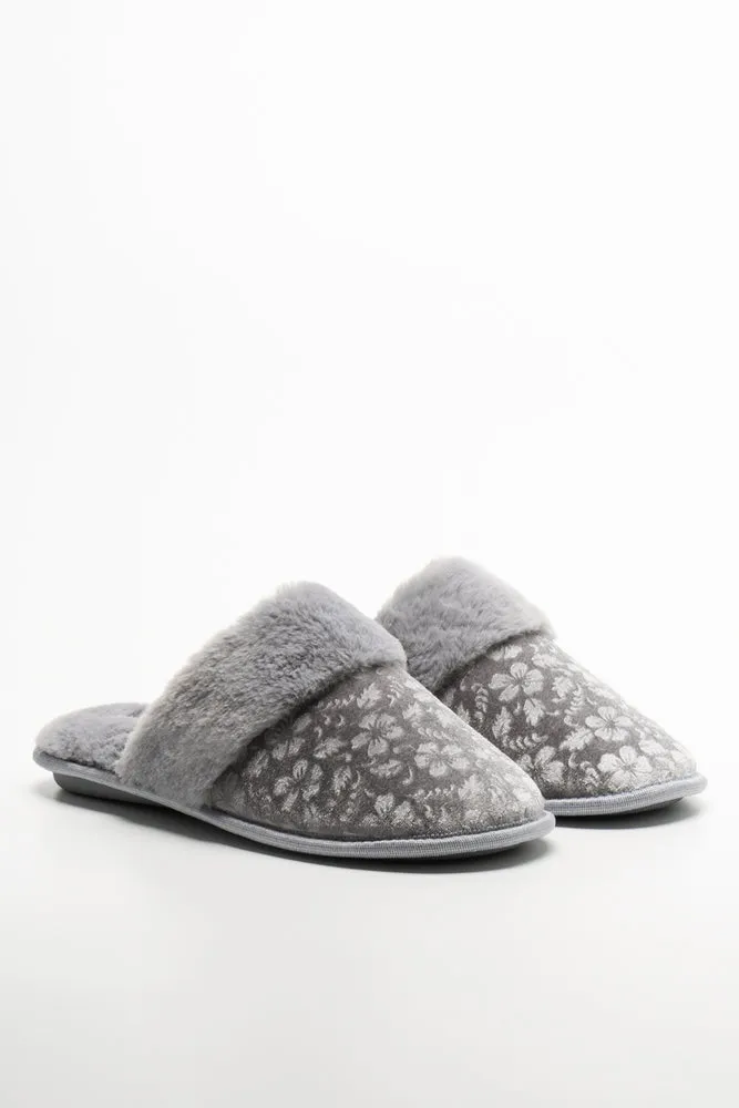 Velcro House Slippers Embossed Velvet Slipper Grey