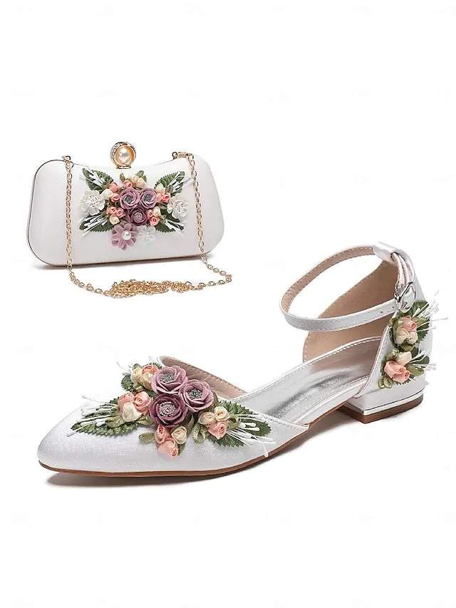 Embroidered Flat White Floral with Matching Shoes  Clutch Satin Flat Wedding Shoes