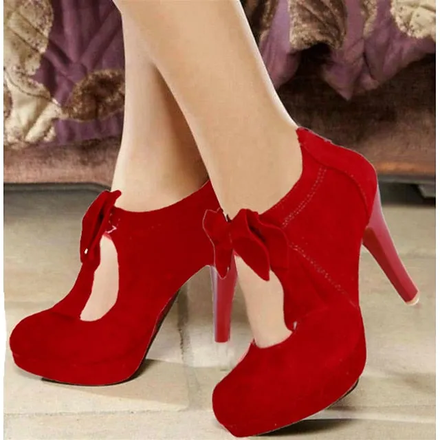 Vintage Heel Pumps Suede Women's High Bow Red Platform 