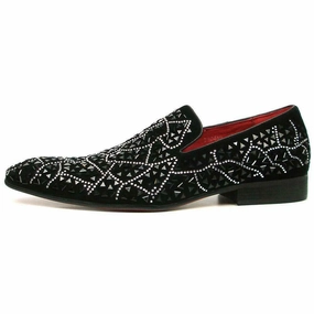 Penny Loafers Cheap Fiesso Black Suede Black Rhinestones Formal Entertainer Slip on Shoes FI 7415