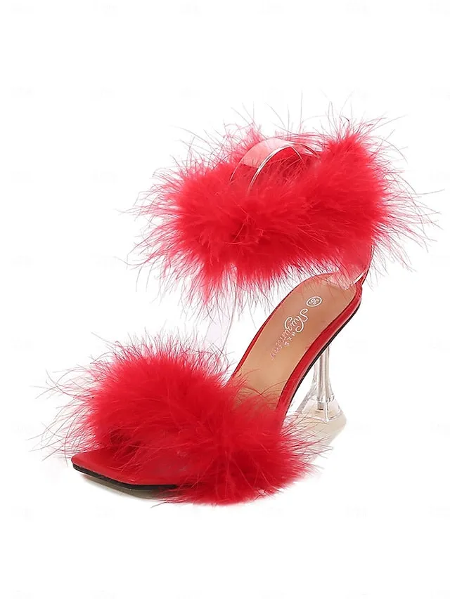 Feather-Embellished Heel Clear with Sandals Turquoise High Lockable High Heels
