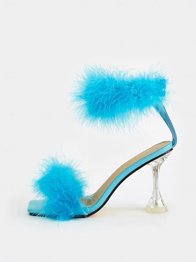 Feather-Embellished Heel Clear with Sandals Turquoise High