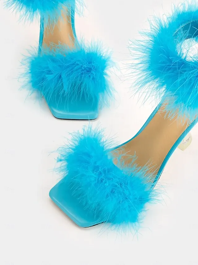 Feather-Embellished Heel Clear with Sandals Turquoise High