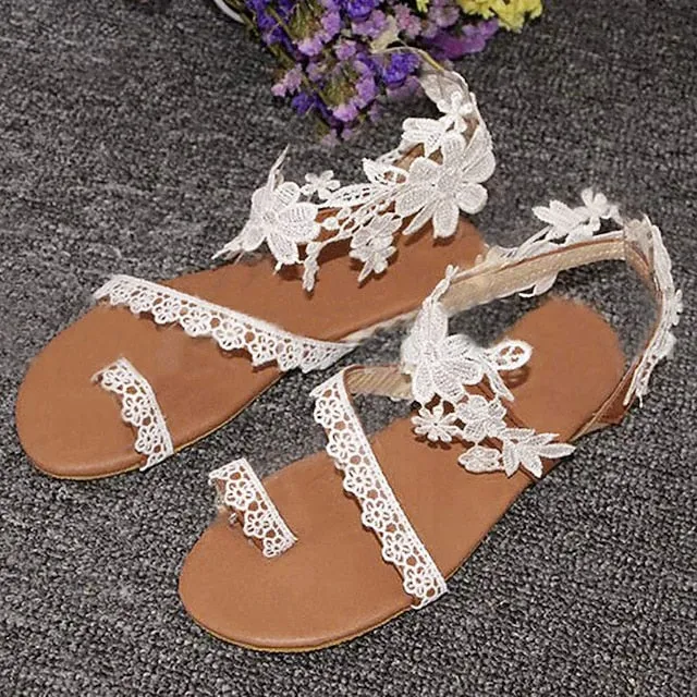 Floral Bridal Flat Lace Women's White Sandals with