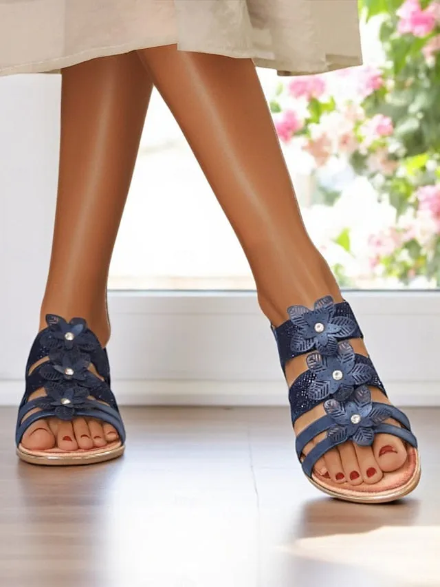 Flat Shoes For Winter Wedding Floral Rhinestone Sandals Flat Women's Beige  Elegant