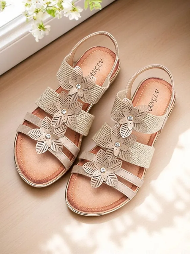 Floral Rhinestone Sandals Flat Women's Beige  Elegant