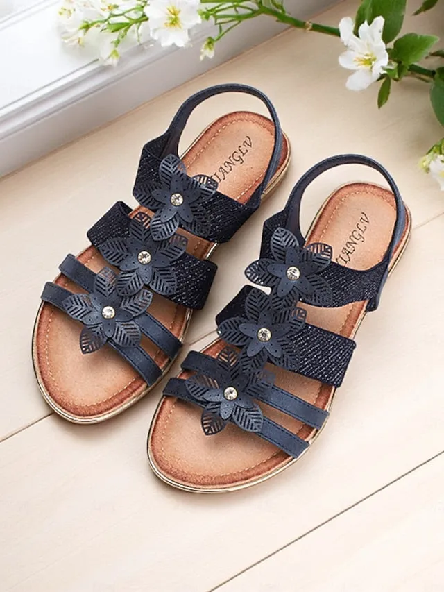 Floral Rhinestone Sandals Flat Women's Beige  Elegant Gold Flat Slingback Shoes