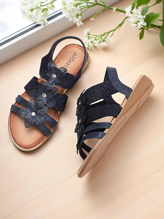 Floral Rhinestone Sandals Flat Women's Beige  Elegant