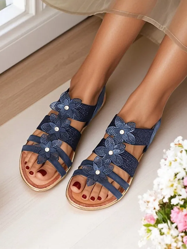 Floral Rhinestone Sandals Flat Women's Beige  Elegant