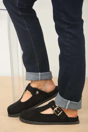 SLIP ON SPLIT BLACK SUEDE CLOGS WITH BUCKLE (PACK A) 2000s Sandals
