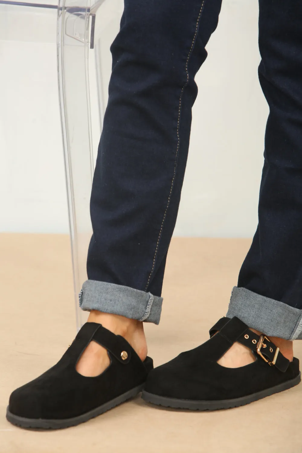 Platform Flip Flop Sandals SLIP ON SPLIT BLACK SUEDE CLOGS WITH BUCKLE (PACK A)