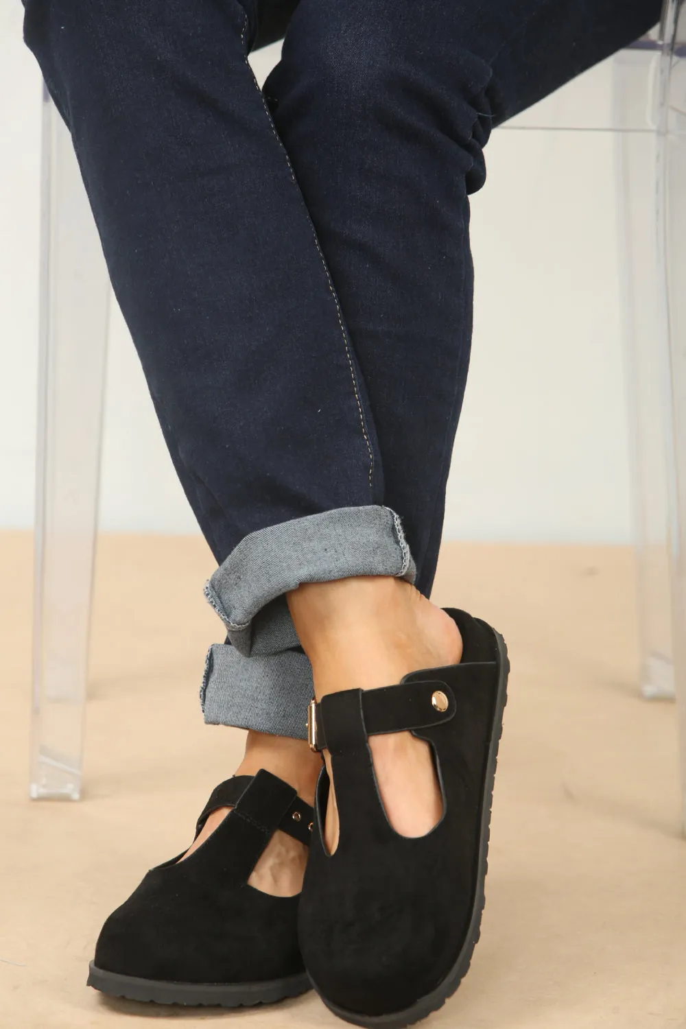 Antigua Resort Map SLIP ON SPLIT BLACK SUEDE CLOGS WITH BUCKLE (PACK A)