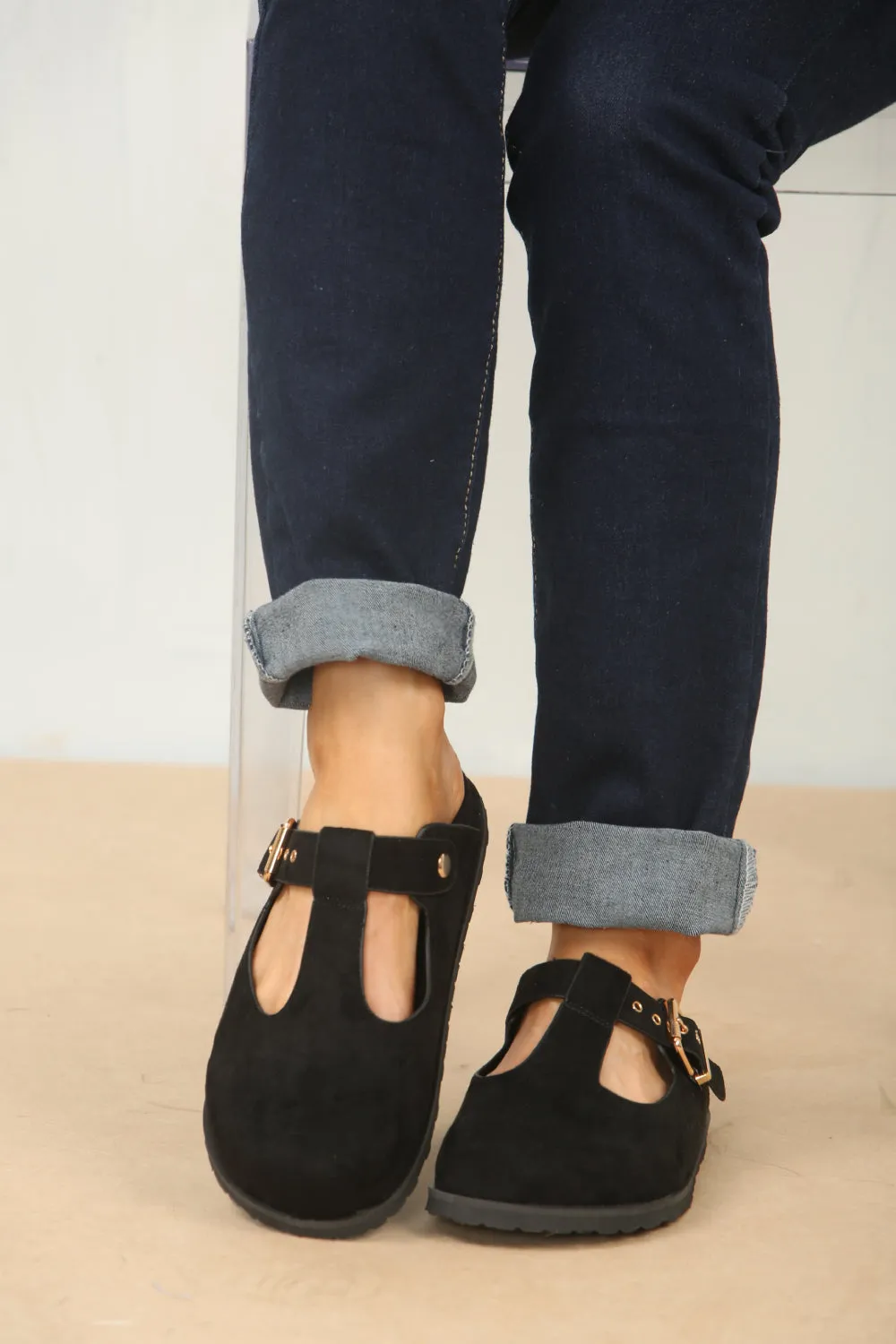 Sandals Wedge SLIP ON SPLIT BLACK SUEDE CLOGS WITH BUCKLE (PACK A)