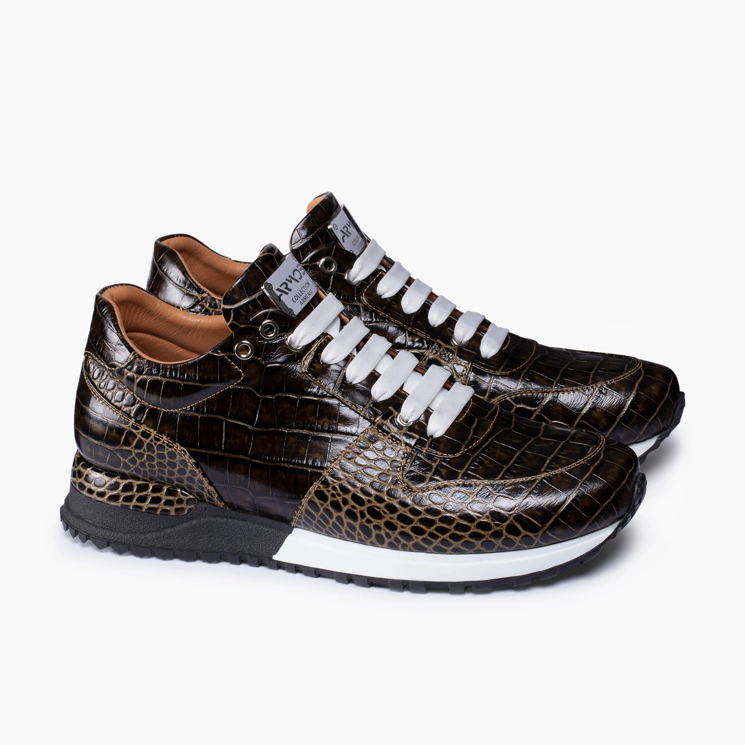 Men's Brown Croc-Print Leather Sneaker Rc42 Sneakers