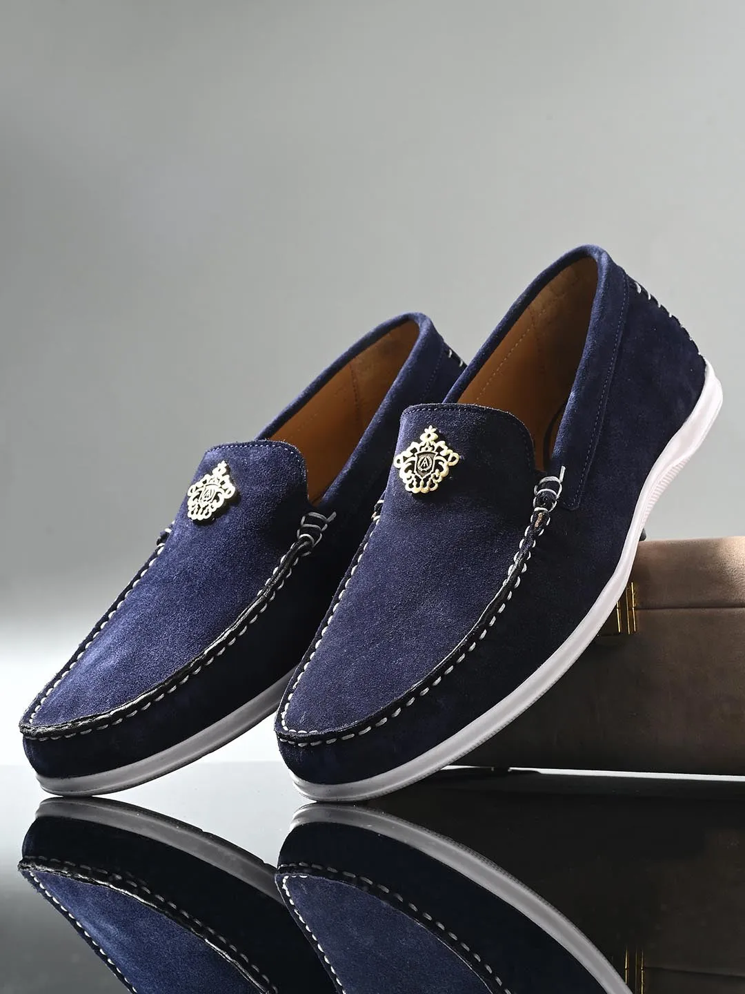 Genuine Navy Suede Leather Impact Technolog Slip On For Men Wedge Penny Loafers