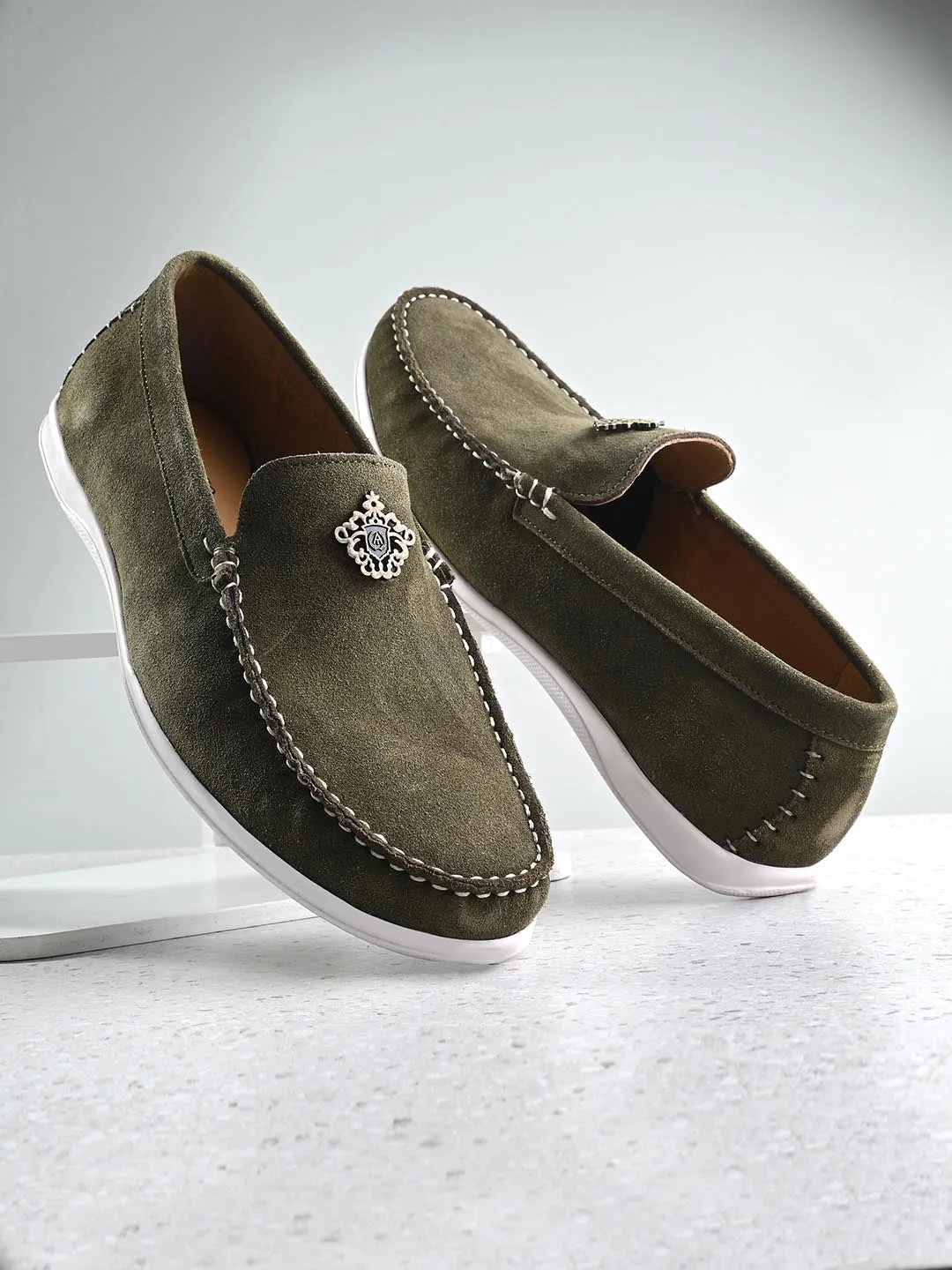 Loafers With The Socks Genuine Olive Suede Leather Impact Technolog Slip On For Men