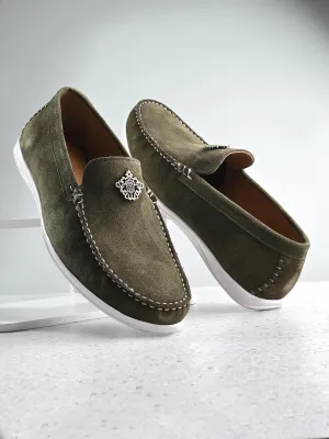 Loafers Shows Genuine Olive Suede Leather Impact Technolog Slip On For Men