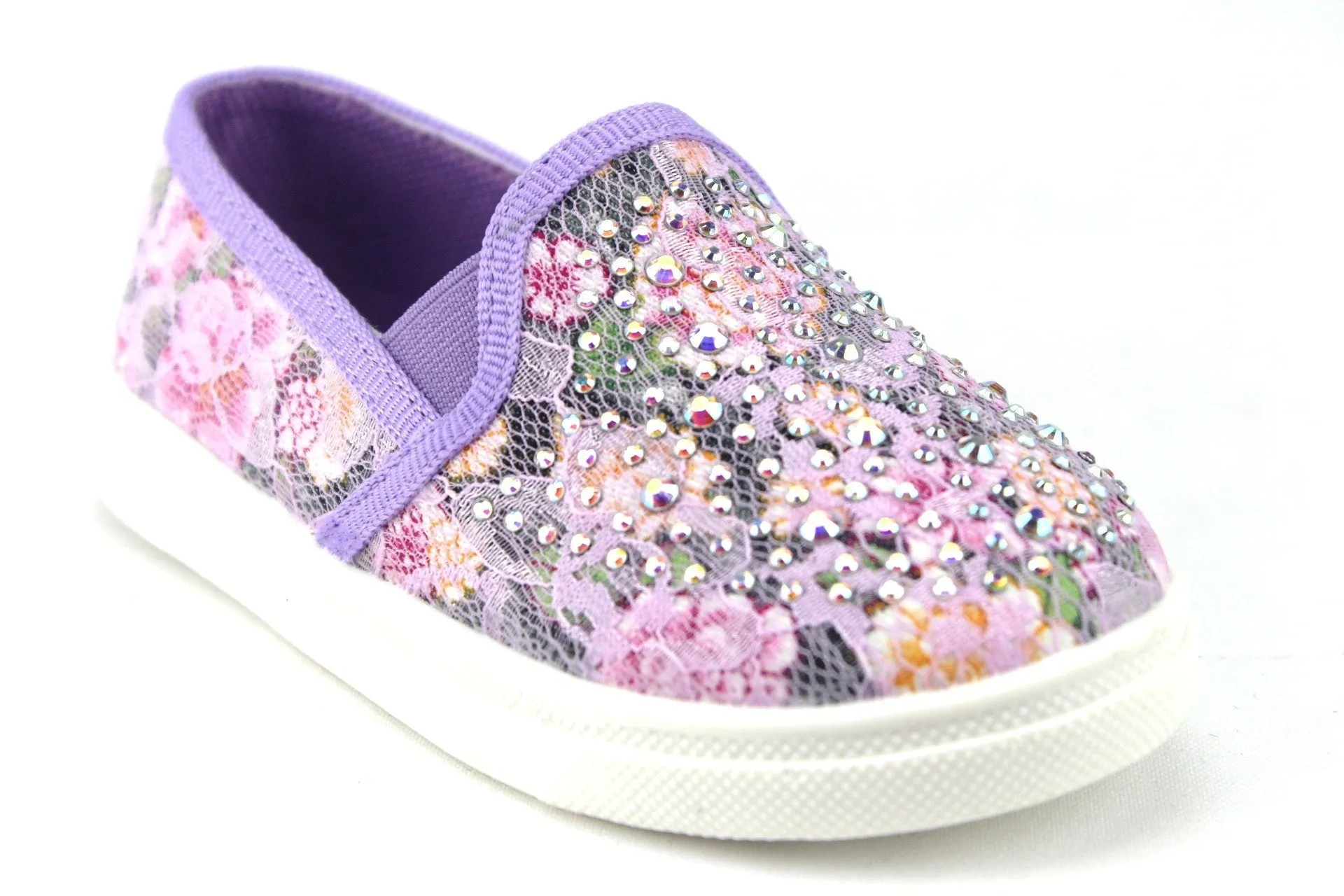 Sneakers Collection Girls FHX-08I Crystal Bling Slip On Floral Lace Canvas Shoes
