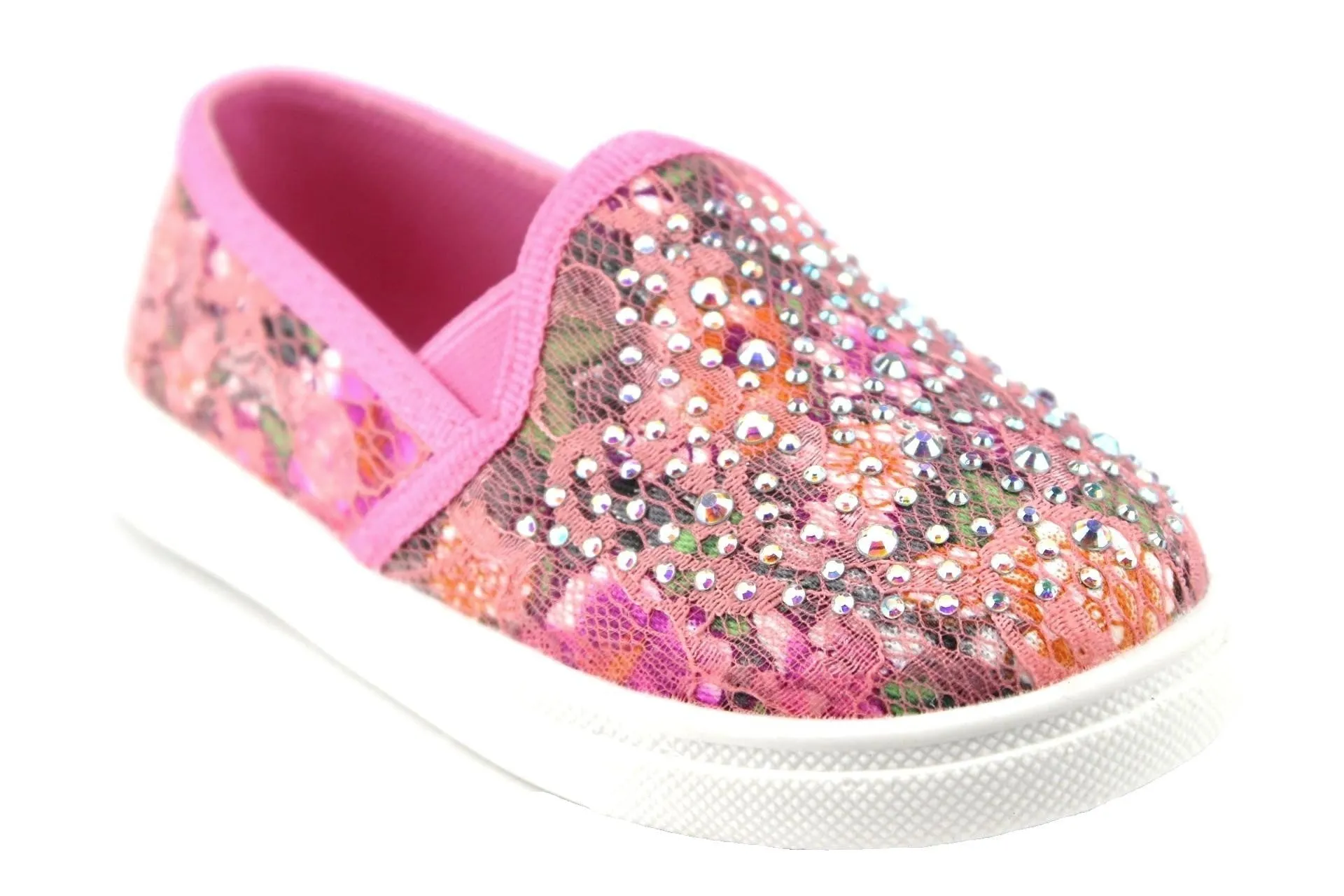 Girls FHX-08I Crystal Bling Slip On Floral Lace Canvas Shoes Iconic Sneakers