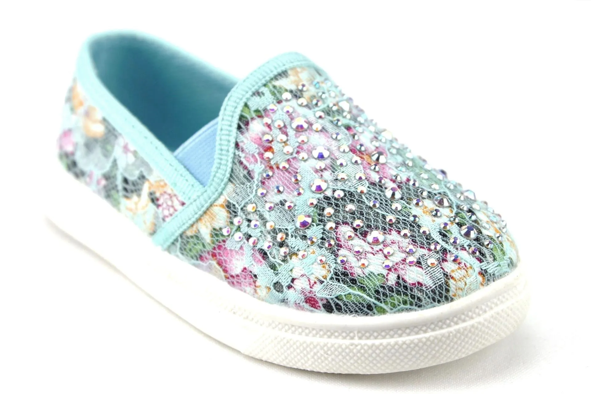 Sneakers In Leather Girls FHX-08I Crystal Bling Slip On Floral Lace Canvas Shoes