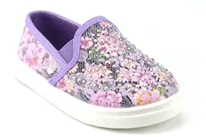 Dark Grey Sneakers Girls FHX-08I Crystal Bling Slip On Floral Lace Canvas Shoes