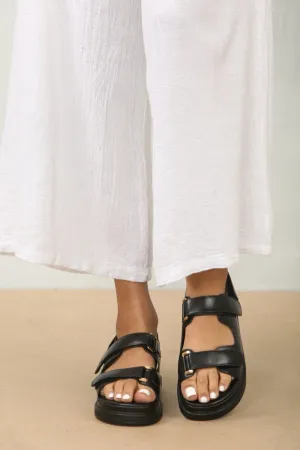 Double Strap Designer Chunky Black Faux Leather Sandal Powerstep Sandals