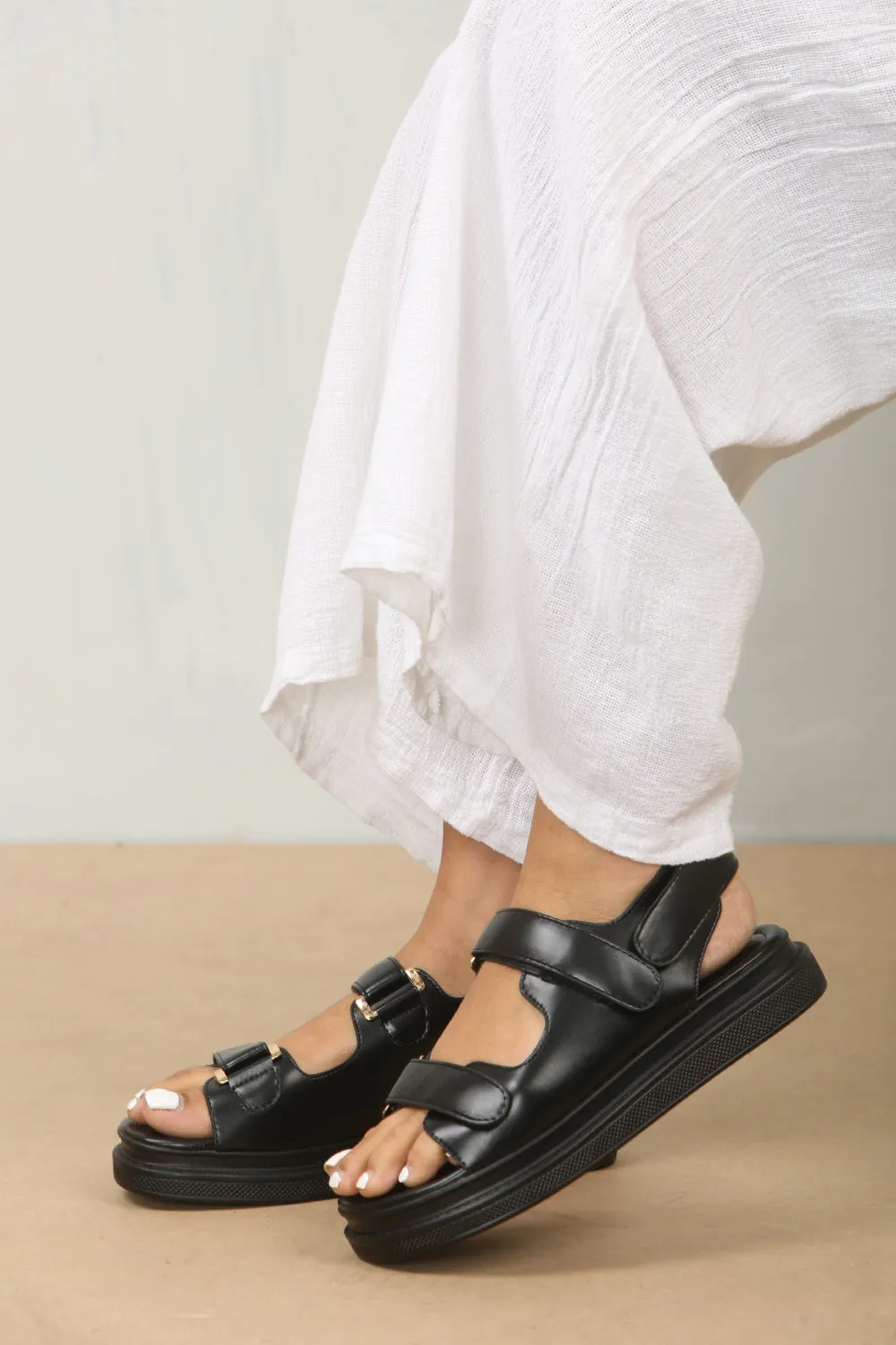 Sandals Shoes Double Strap Designer Chunky Black Faux Leather Sandal