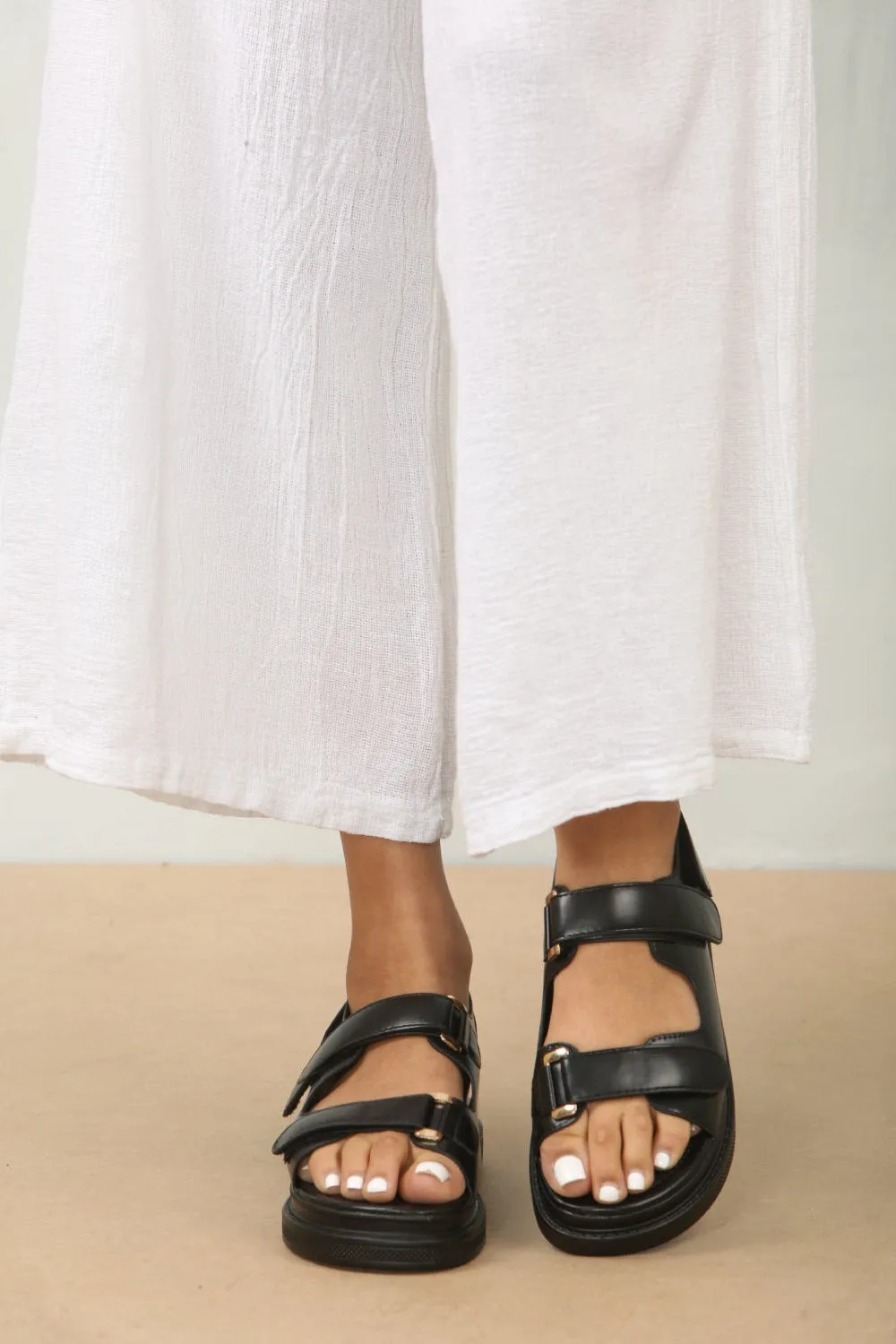 Double Strap Designer Chunky Black Faux Leather Sandal Resort Wedding