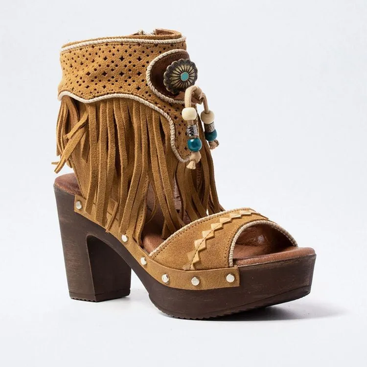 Mud Dog Boots Platform Boot Sandals In 3 Different Colors With Fringe Silver Conchos And Turquoise Wooden Beads Vegan Leather Boho Booties Tan Taupe Or Champagne Pink