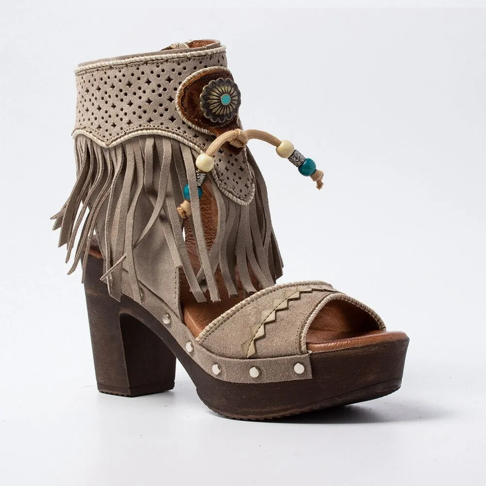 Thursday Boots Nyc Platform Boot Sandals In 3 Different Colors With Fringe Silver Conchos And Turquoise Wooden Beads Vegan Leather Boho Booties Tan Taupe Or Champagne Pink
