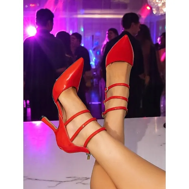 Sexy Women's  High Strappy Heels Leather Patent Red Iridescent High Heel Shoes